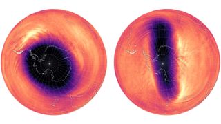 Two diagrams of Earth showing the polar vortex above Antarctica in 2023 (left) and 2024 (right).