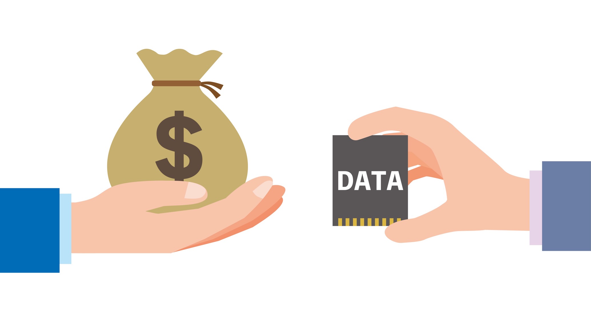 Two hands, exchanging a bag of money for a chip with the word "data" on it.