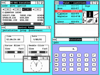 Windows 2.0 screenshot showing multiple programs running in multiple windows, some of which overlap.