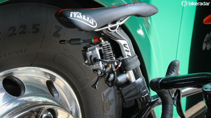 The Tour de France experimented with live GoPro feeds during the neutral roll-out of stage 2. As part of production, Tommy Voeckler (Europcar) had this strapped to his seatpost