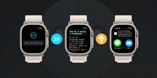 Depiction of watchGPT on Apple Watch using ChatGPT to answer a query and then share it via SMS or email