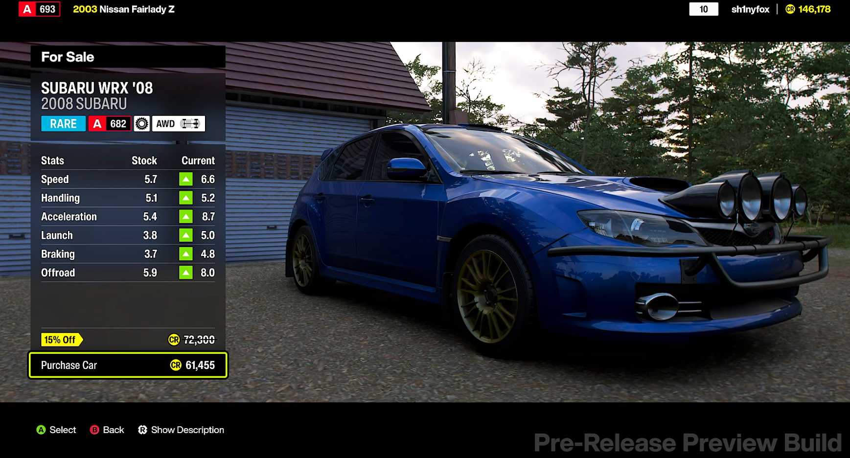 Buying an aftermarket car in the Forza Horizon 6 preview build.
