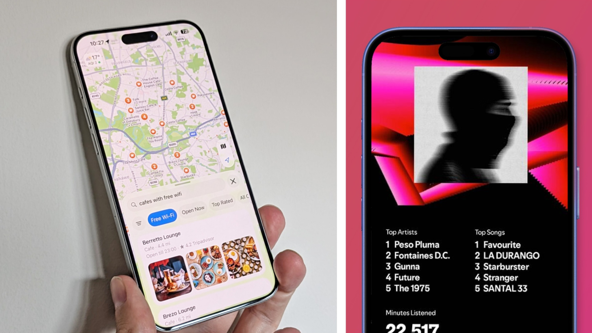 Composite image: Left side shows an iPhone displaying Apple Maps, right side displays Spotify Wrapped