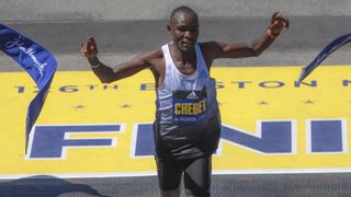 Kenyas Evans Chebet wins the men division of the Boston Marathon crossing the finish line of the 126th Boston Marathon in Boston