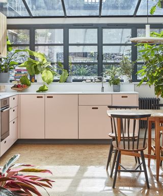 light pink kitchen cabinets in a space with Crittal-style windows and lots of natural light