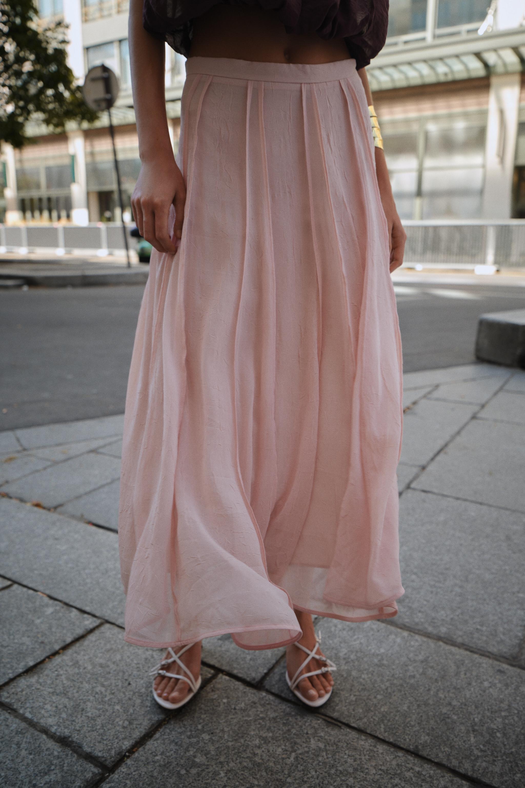 Semi-Sheer Topstitched Midi Skirt
