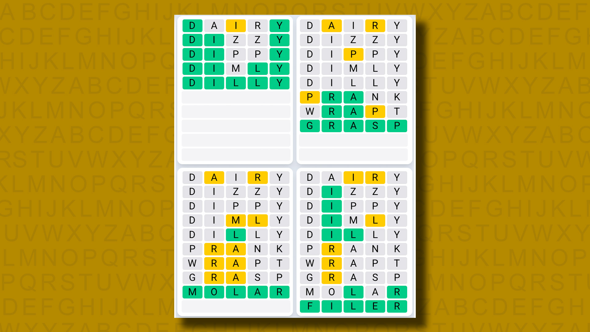 Quordle Daily Sequence answers for game 1234 on a yellow background
