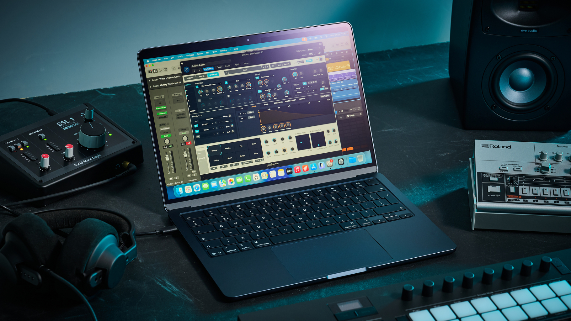 Apple MacBook Air amongst home studio gear