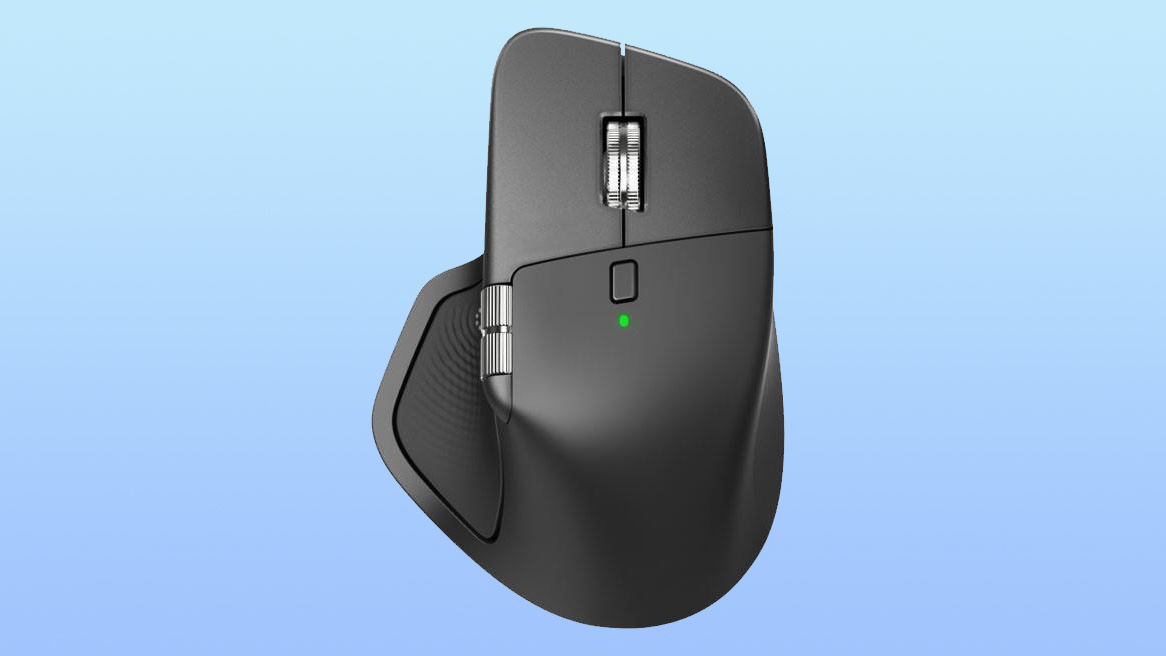 Presumed Logitech MX Master 4 close-up showing the mouse on a blue gradient background.