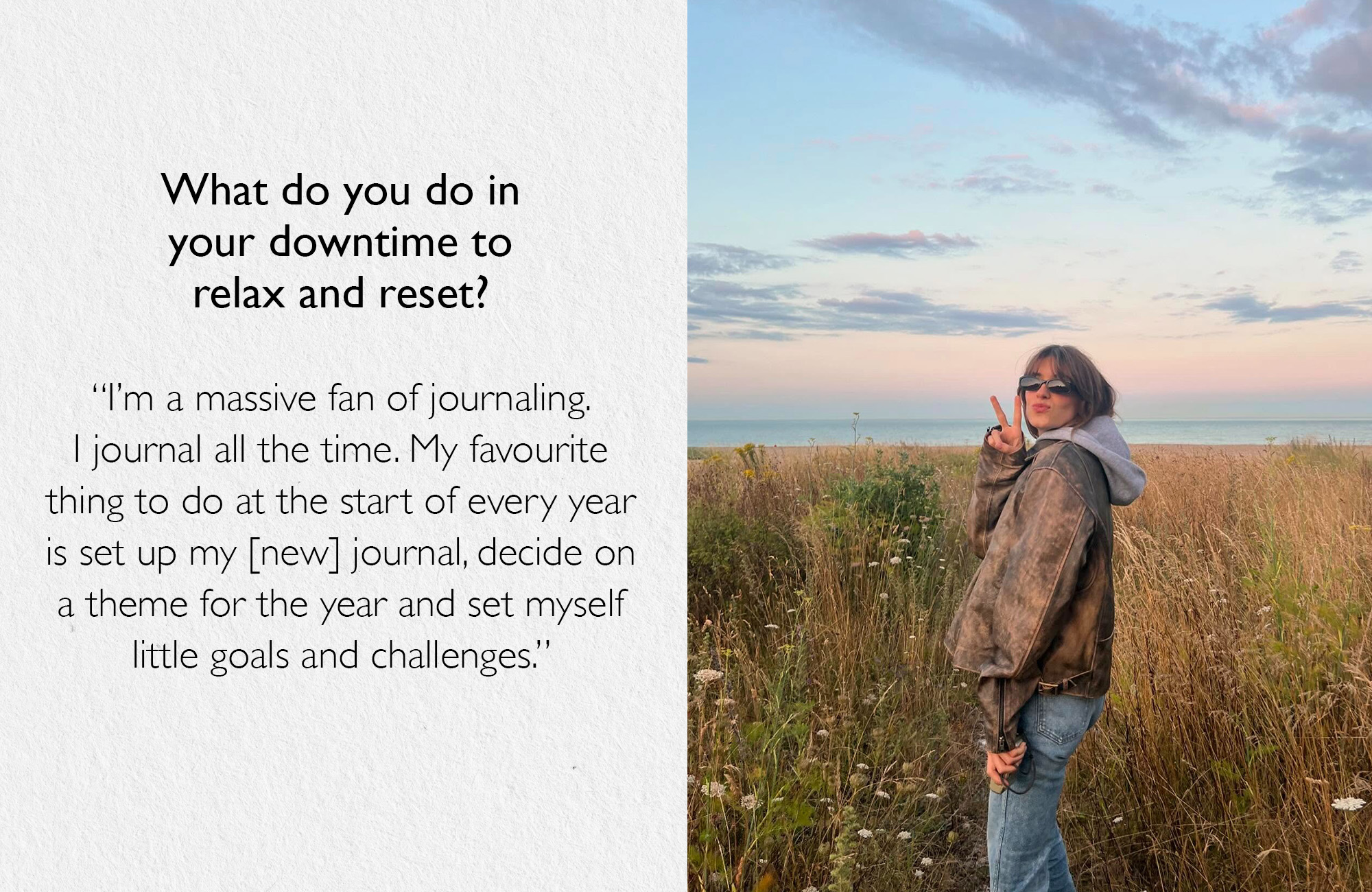 An image of Daisy-Edgar Jones next to a quote about how she likes to wind down