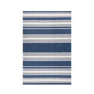A blue and white striped area rug
