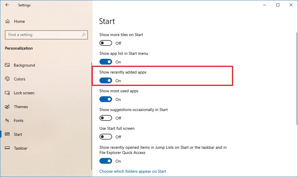 Start menu recently added apps option