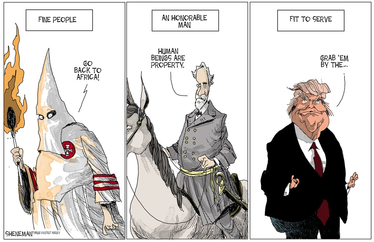 Political cartoon U.S. Trump racism confederates sexual assault