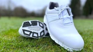 FootJoy Pro SL 2022 shoes lying on grass, white golf shoes