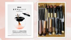 An image of the stylpro brush cleaner in its box next to an image of several makeup brushes laid out on a towel after cleaning, on a pink watercolour backdrop