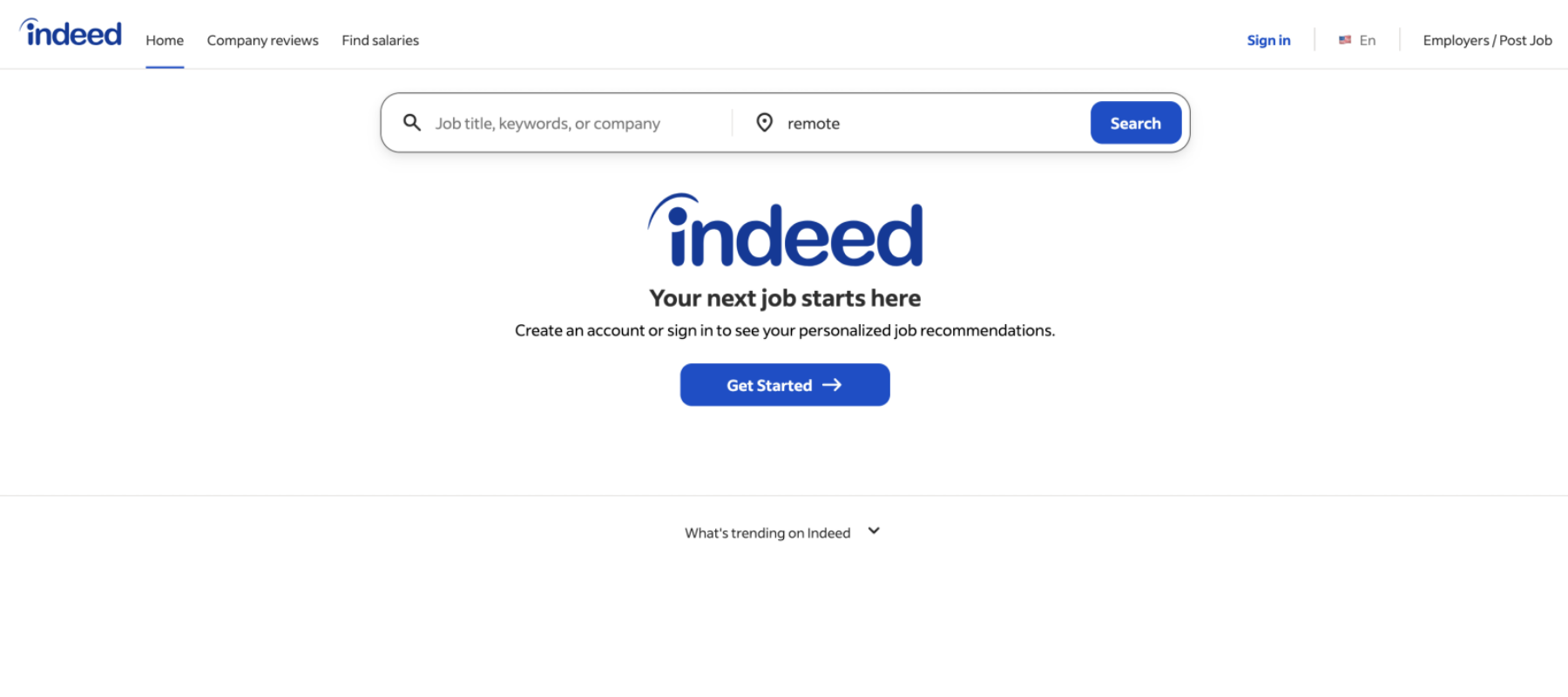 Website screenshot of Indeed (September, 2026)