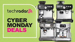 Four Breville coffee machines against a green background, sitting to the right of a large badge with the TechRadar logo and 'Cyber Monday Deals' text.