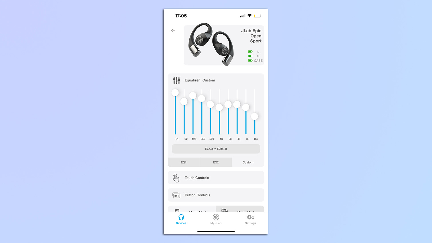 Screen shot from the JLab App show with the equaliser settings for the JLab Epic Open Sport open-earbuds.