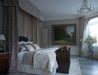 Bedroom with fur blanket, dark wood dresser