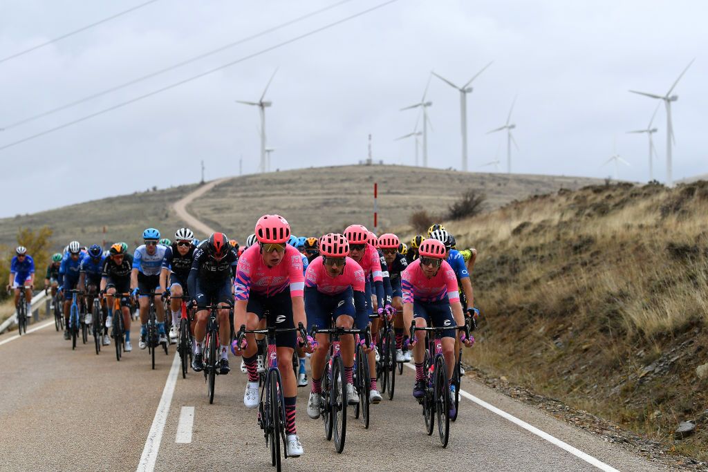 VINUESA SPAIN OCTOBER 22 Julius Van Den Berg of The Netherlands and Team EF Pro Cycling Mitchell Docker of Australia and Team EF Pro Cycling Logan Owen of The United States and Team EF Pro Cycling Peloton during the 75th Tour of Spain 2020 Stage 3 a 1661km stage from Lodosa to La Laguna Negra Vinuesa 1735m lavuelta LaVuelta20 La Vuelta on October 22 2020 in Vinuesa Spain Photo by Justin SetterfieldGetty Images