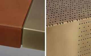 left image of orange and gold metals right image of perforated gold metal