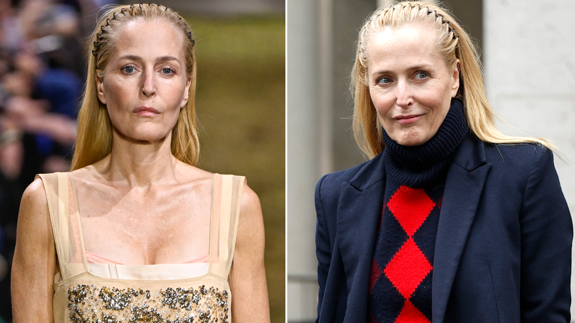 Gillian Anderson was spotted in a two-tone argyle sweater after walking in the Miu Miu Fall 2026 show