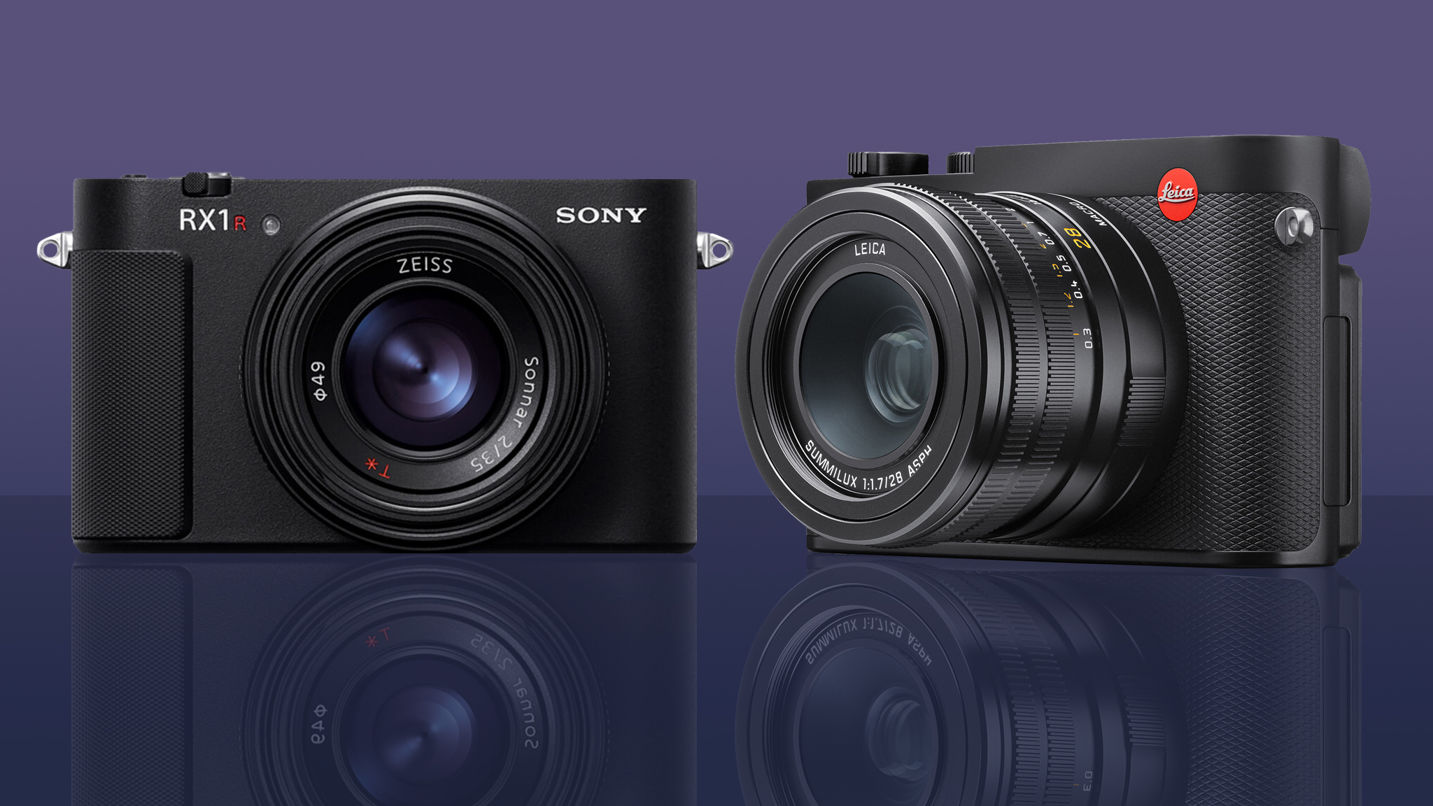 Sony RX1R III next to a Leica Q3 on a purple background
