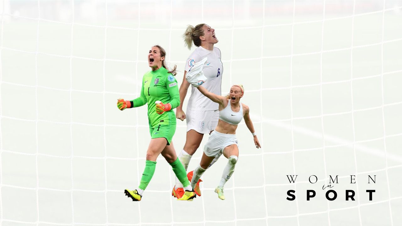 History of women&#039;s football: Three of the Lionesses celebrating after winning a match