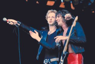 Rob Halford and Glenn Tipton onstage in Dublin, Ireland, in the late Seventies; Tipton is playing his Fender Strat with two DiMarzio humbuckers.