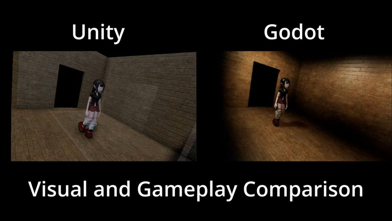 A side-by side comparison of scenes in a game made in Unity vs Godot Engine