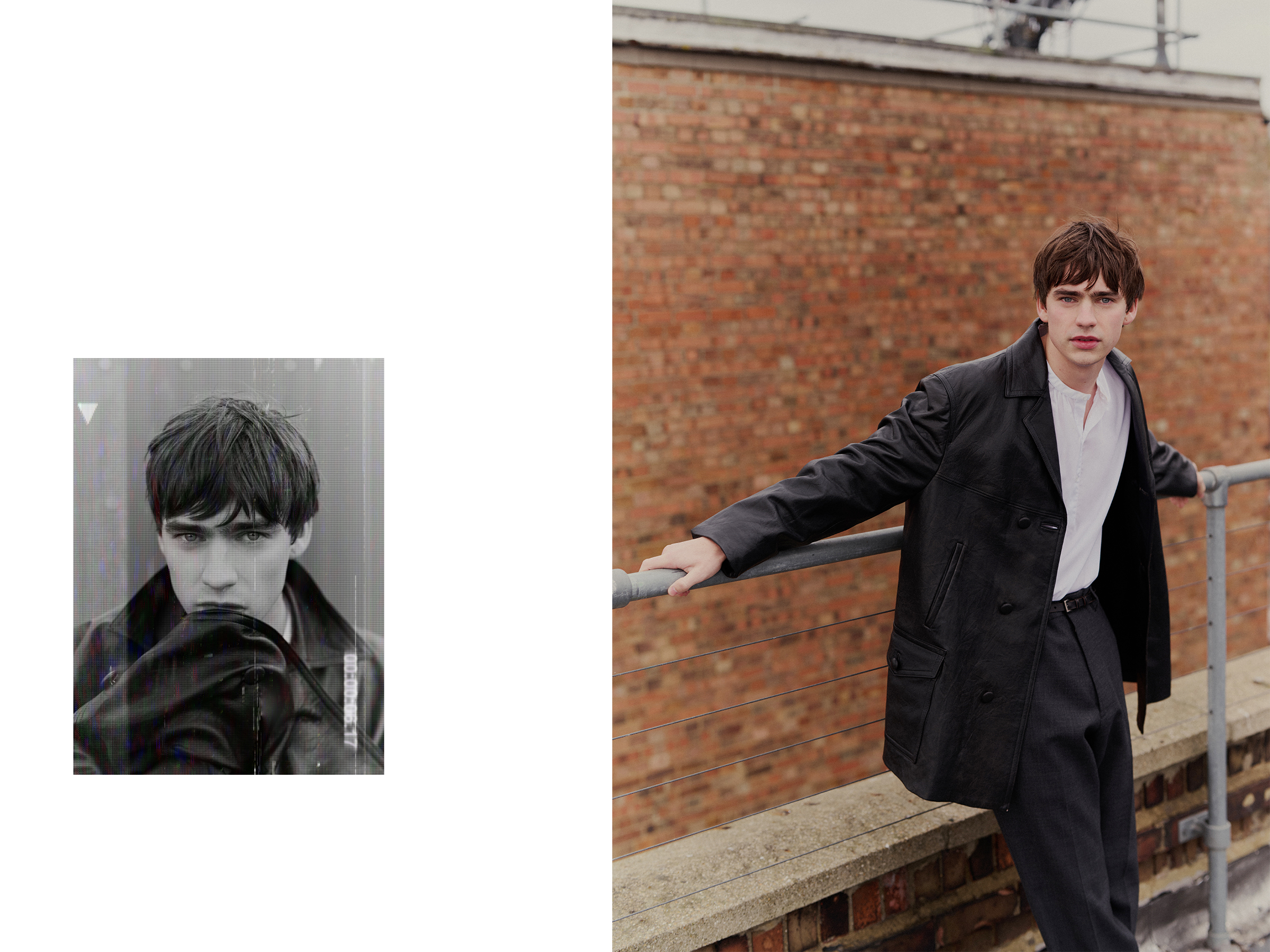 On the left is a small black and white portrait of Spike Fearn. On the right, Fearn leans against a railing wearing a black leather jacket with white t-shirt and black trousers.