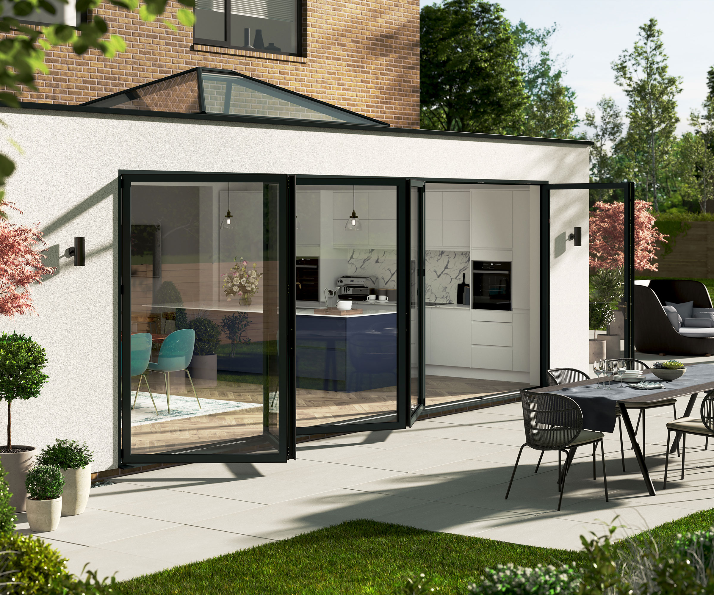 modern rear extension to a house with bifold doors leading out to a patio space