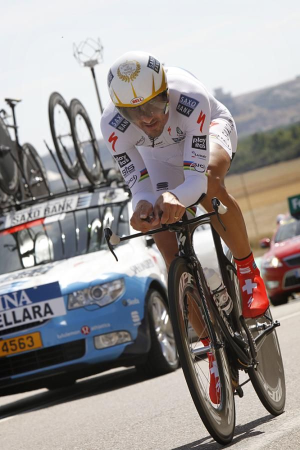 World Champion Fabian Cancellara suffered from stronger winds and took third on the stage.