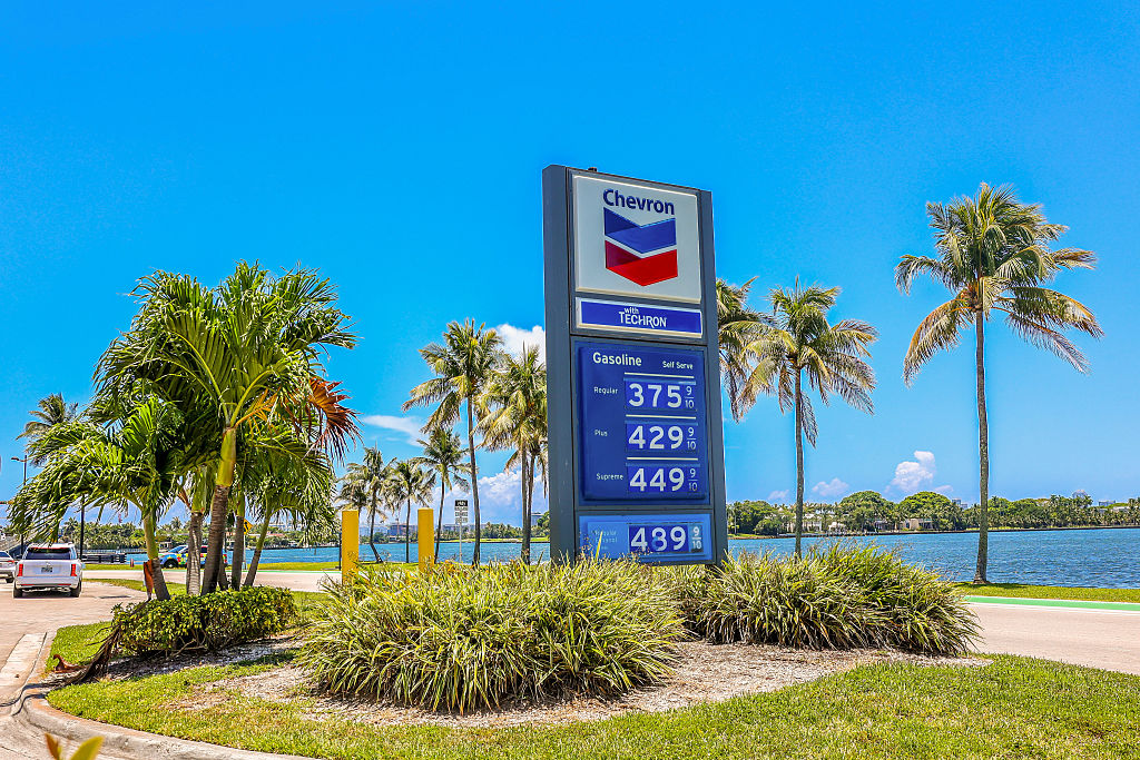 A sign displays the prices of unleaded gasoline and diesel fuel at a Chevron gas station in Bay Harbor Island, Florida, US, on Monday, June 22, 2026.