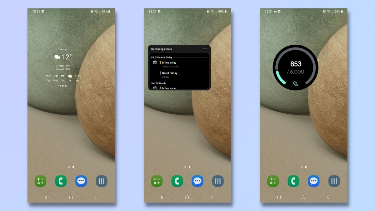 Captura de pantalla que muestra cómo se apilan los widgets en un dispositivo Samsung Galaxy: deslizando el dedo entre widgets