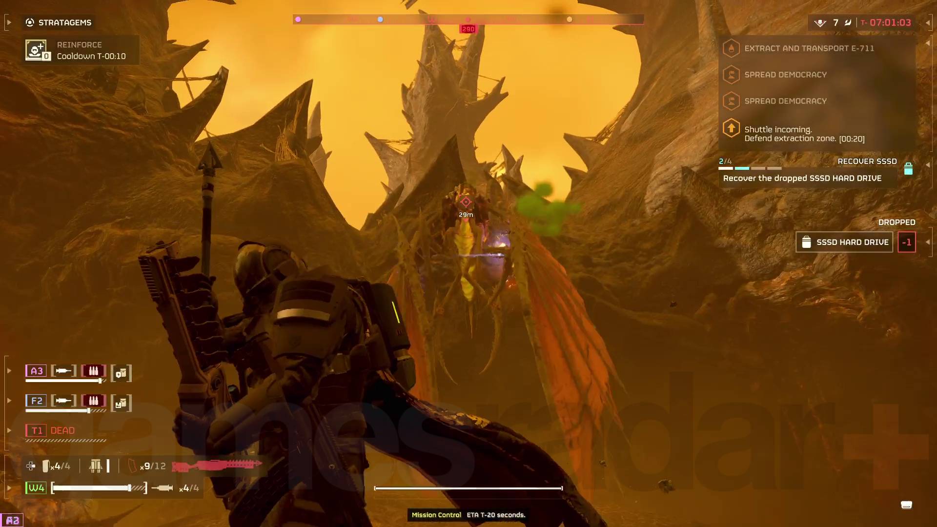 Helldivers 2 Dust Devils Warbond helldiver reloading speargun while dragonroach flies nearby