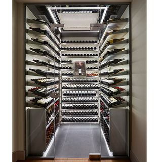 wine cellar with glass door and wine bottles