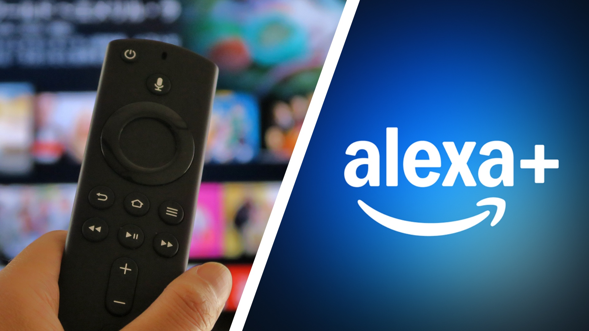 Amazon fire tv stick remote in hand with tv background next to Alexa+ logo