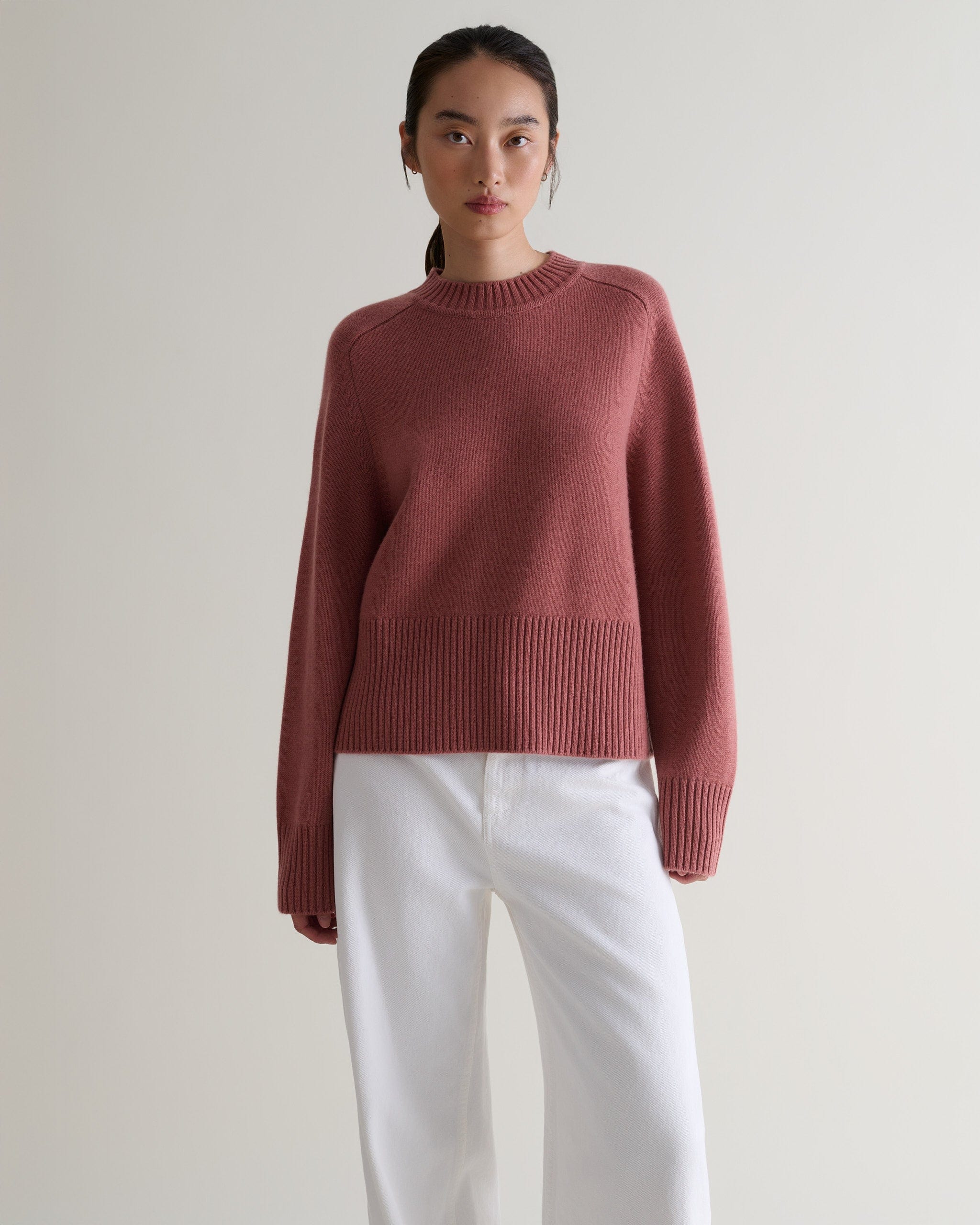 Women's Cashmere Merino Saddle Sleeve Crew Neck Jumper - Pink Clay - Pink Clay / Xs