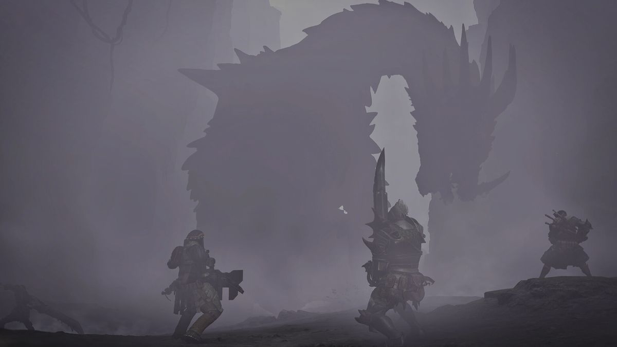A screenshot from Monster Hunter Wilds: Ascendance showing three characters in dark gloominess about to fight a massive beast.