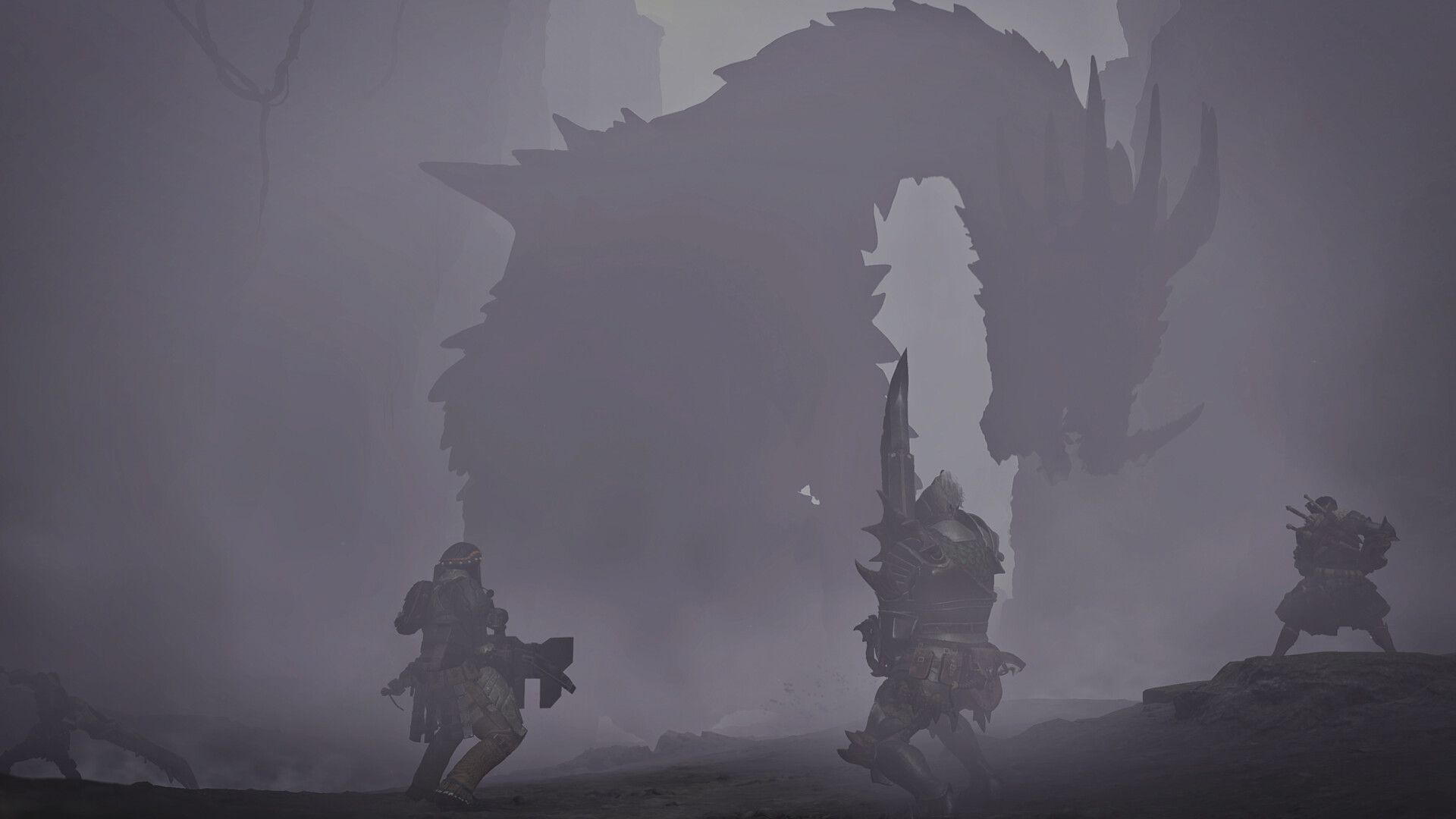  Ascendance showing three characters in dark gloominess about to fight a massive beast.