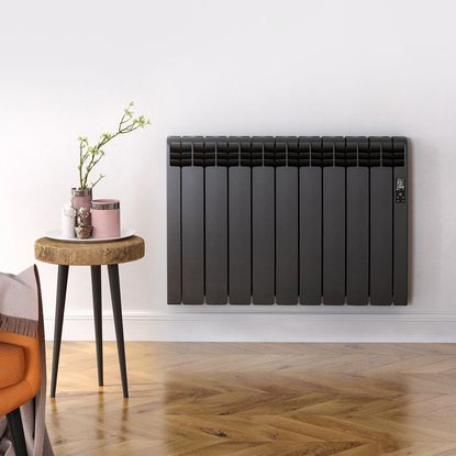 electric heater with white wall wooden flooring