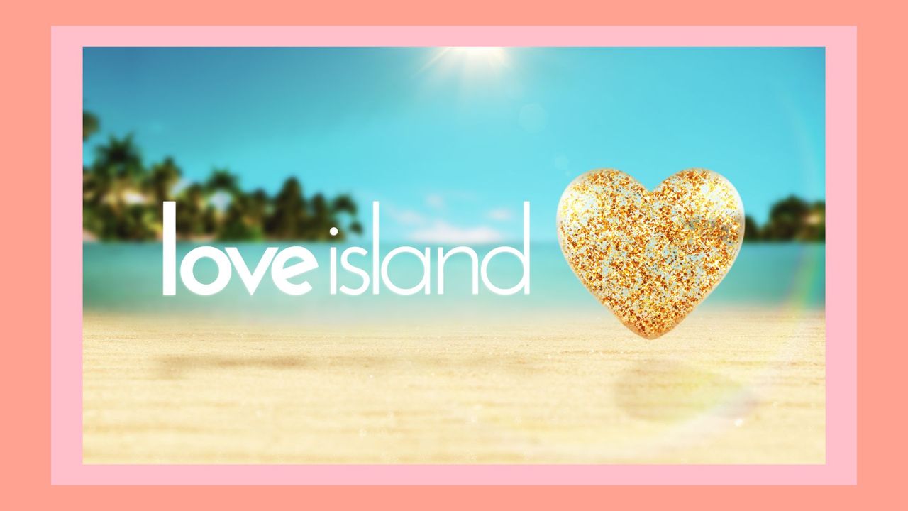 Love Island 2023 social media rules: The Love Island logo on a sandy beach backdrop and in a pink and orange template