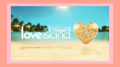 Love Island 2023 social media rules: The Love Island logo on a sandy beach backdrop and in a pink and orange template