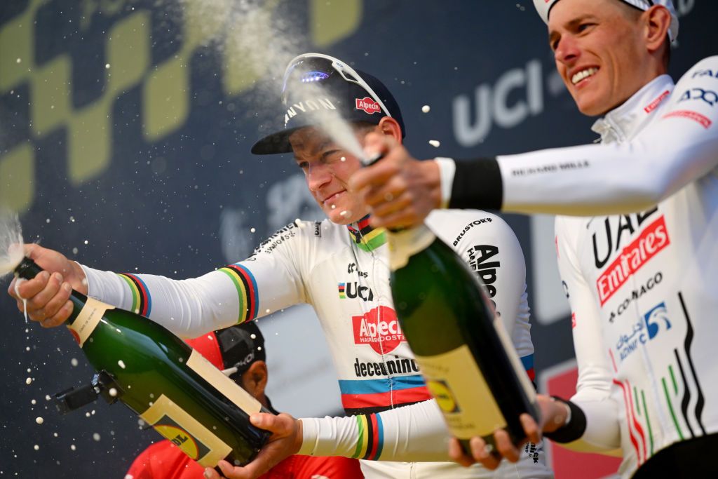 OUDENAARDE BELGIUM MARCH 31 Mathieu van der Poel of The Netherlands and Team Alpecin Deceuninck celebrates at podium as race winner during the 108th Ronde van Vlaanderen Tour des Flandres 2024 Mens Elite a 2708km one day race from Antwerpen to Oudenaarde UCIWT on March 31 2024 in Oudenaarde Belgium Photo by Dario BelingheriGetty Images
