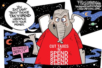 Political cartoon U.S. GOP hypocrisy spending deficit budget plan