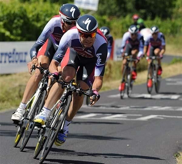 Cadel Evans leads the Silence-Lotto team during the team time trial.