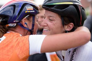 Chantal Blaak celebrates winning the GC with teammate, Lizzie Armitstead at the 119 km Stage 6 of the Boels Ladies Tour 2016