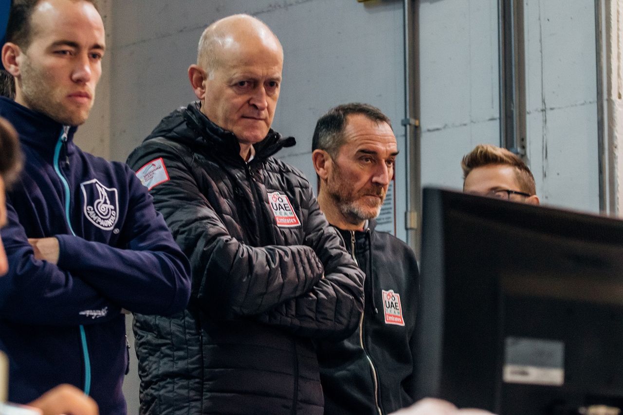 UAE Team Emirates staff look on during the aero tests