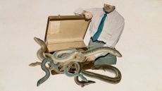 A photo collage of a man with a vintage double-bottomed smuggler's suitcase, with eels spilling out of it.